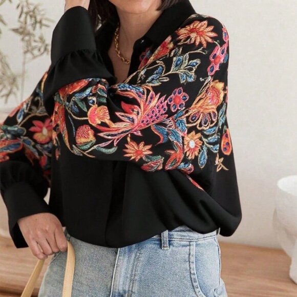Black Casual Women's emroidered Floral Print Long Sleeve Shirt - Picture 5 of 5